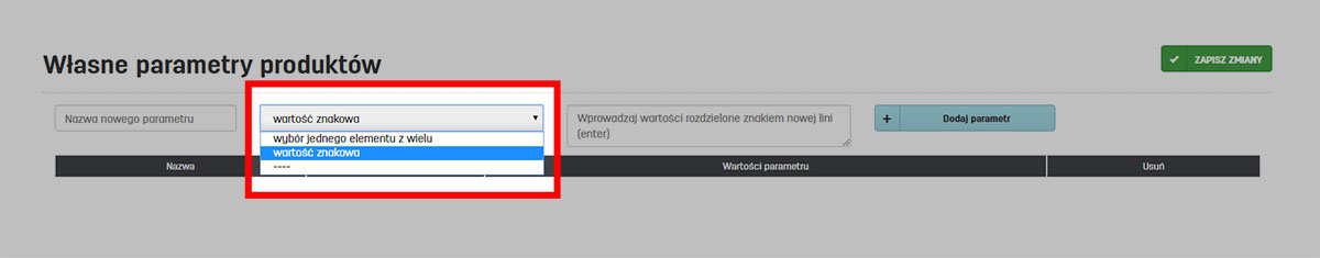 Wybór wartości znakowej dla własnego parametru produktu