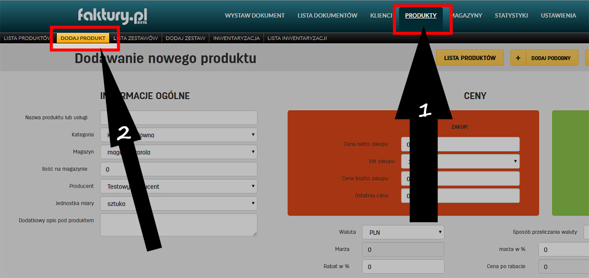 Dodawanie produktu do bazy w serwisie faktury.pl