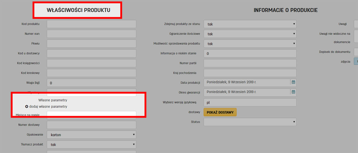 Właściwości produktów w programie do fakturowania faktury.pl