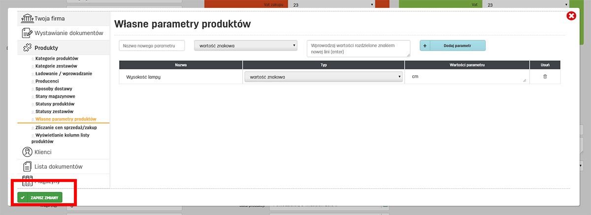 Możliwość dodawania własnych parametrów dla produktów w programie faktury.pl