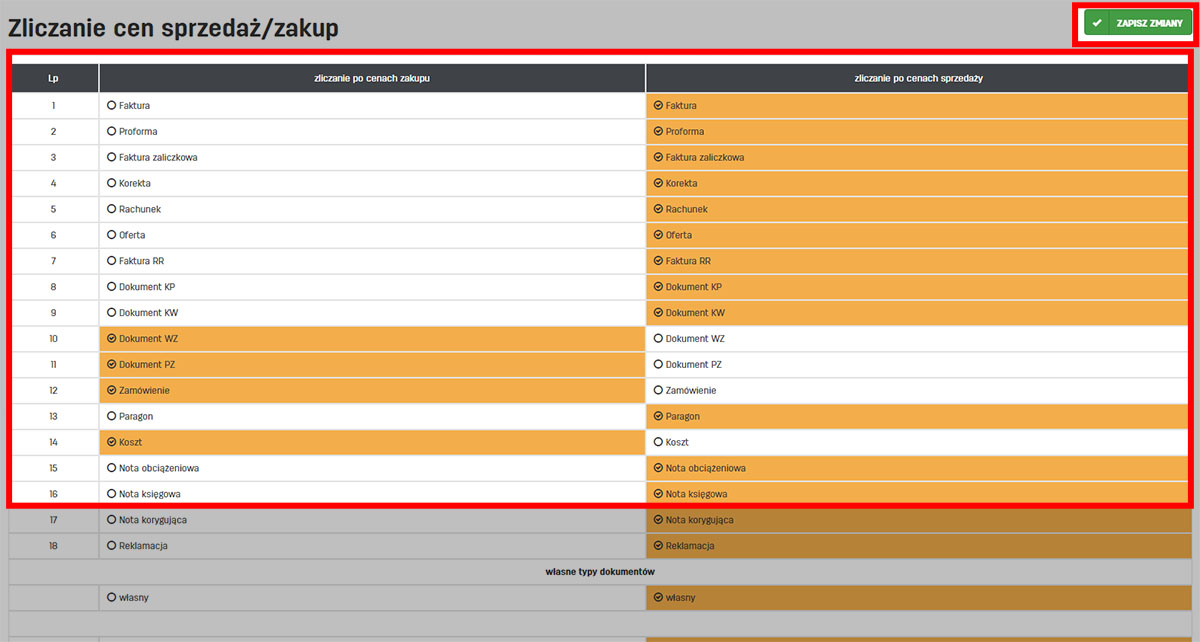 Zliczanie po cenach sprzedaży na fakturze Ustawienia sposobu zliczania cen na dokumentach