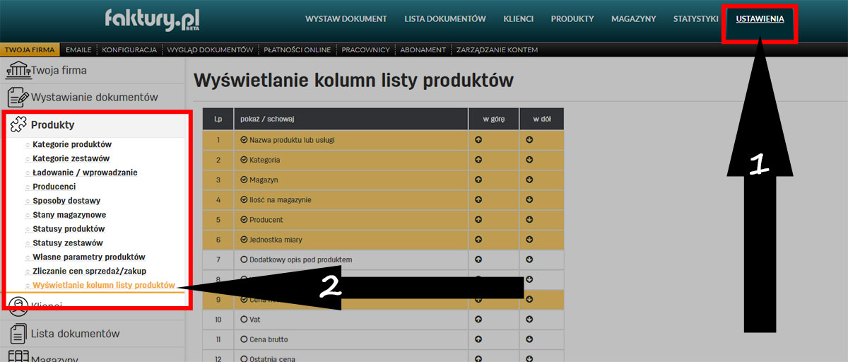 Ustawienia kolumn na liście produktów w faktury.pl Wyświetlanie kolumn na liście produktów