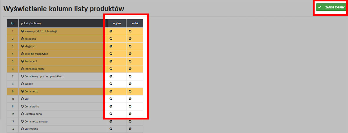 Jak zmienić kolejność kolumn na liście produktów Kolejność kolumn na liście produktów