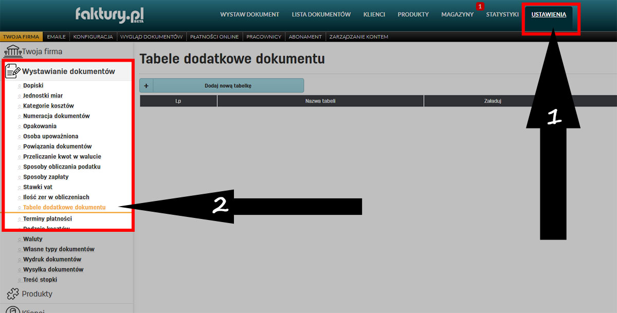 Własne tabele na wystawianych fakturach w serwisie faktury.pl