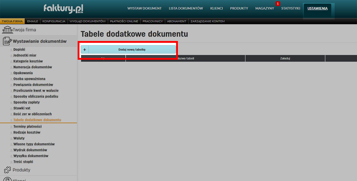 Dodawanie nowych tabel w ustawieniach dokumentów na faktury.pl