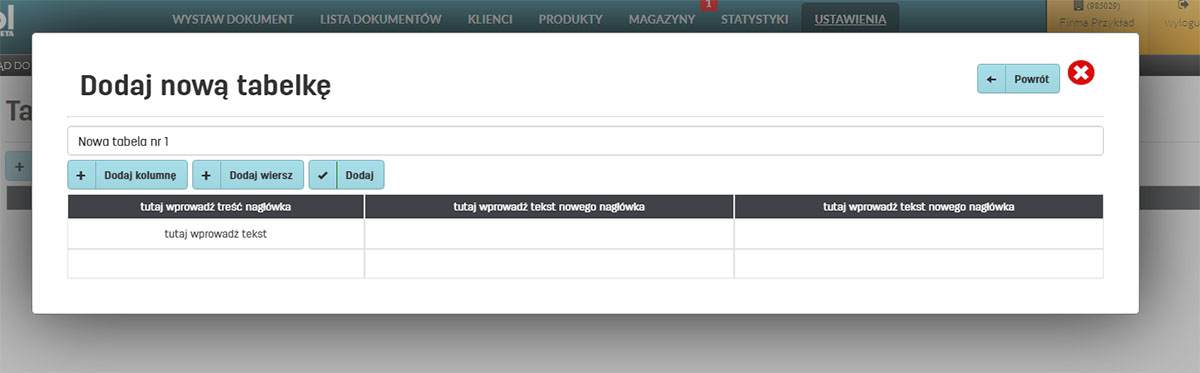 Okno dialogowe dodawania nowej tabelki do faktury
