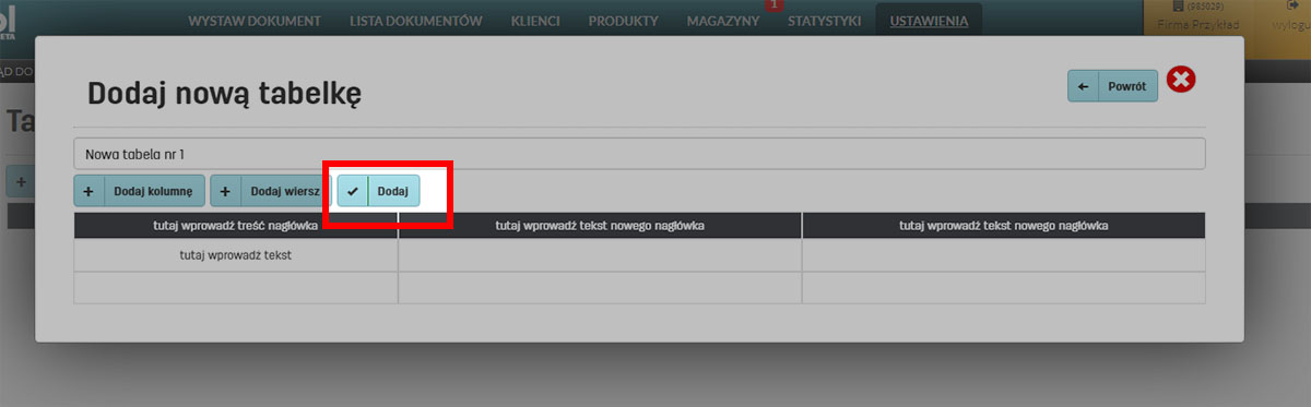 Dodawanie wiersza we własnych tabelach na dokumencie