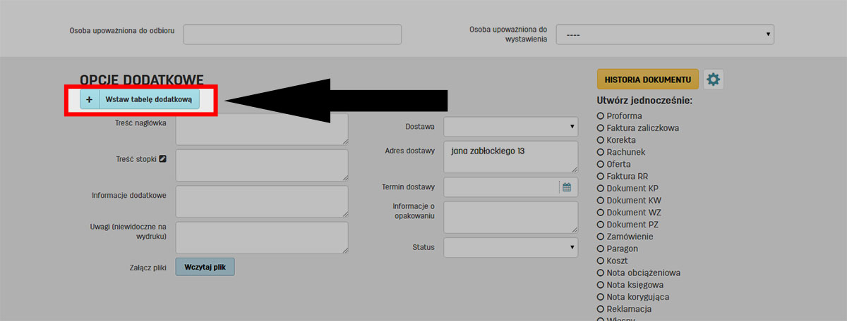 Wstaw tabelę dodatkową na fakturze w serwisie faktury.pl