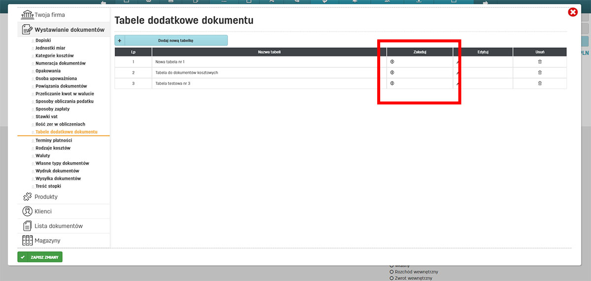Załadowanie gotowej własnej tabeli do wystawianej faktury