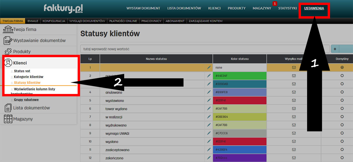 Ustawienie statusów dla klientów Statusy klientów w programie faktury.pl