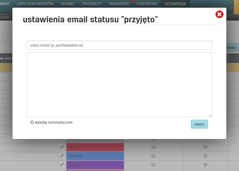 Ustawienia wysyłki email dla statusu klienta Treść wiadomości email dla statusów klientów
