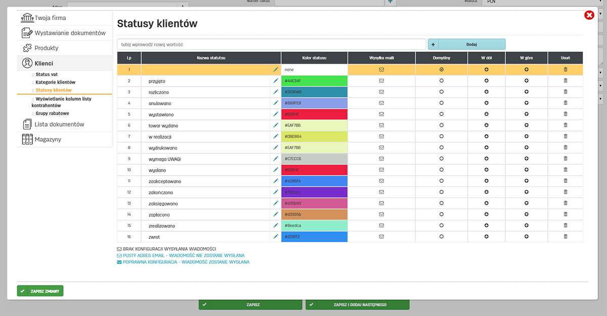 Statusy klient&oacute;w - konfiguracja