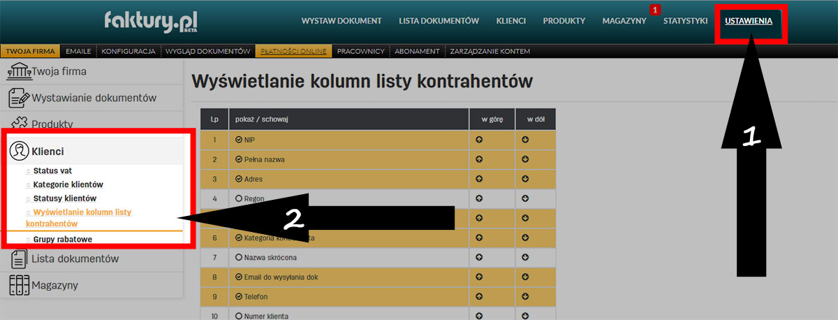 Ustawienia wyświetlania danych na liście kontrahentów w serwisie faktury.pl Wyświetlanie kolumn listy kontrahentów na faktury.pl