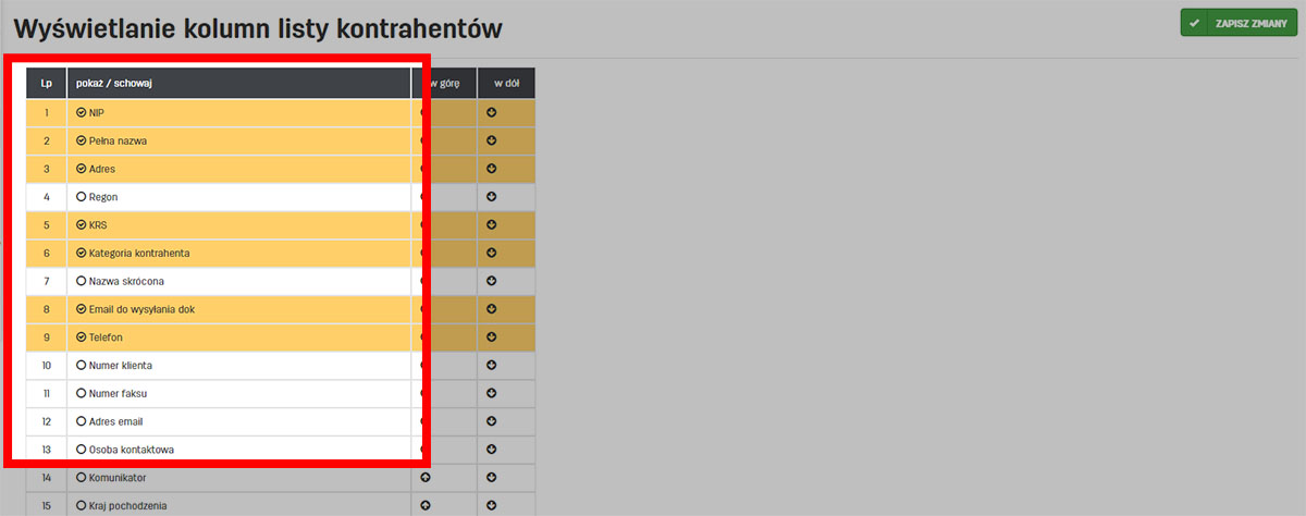 Dane wyświetlane na liście kontrahent&oacute;w