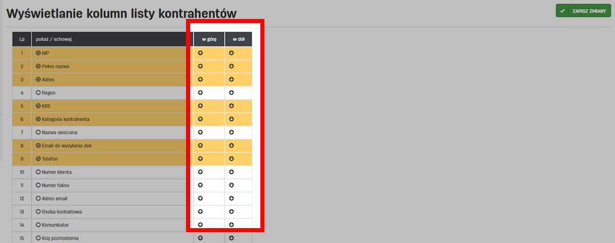 Kolejność kolumn na liście kontrahent&oacute;w w serwisie faktury.pl