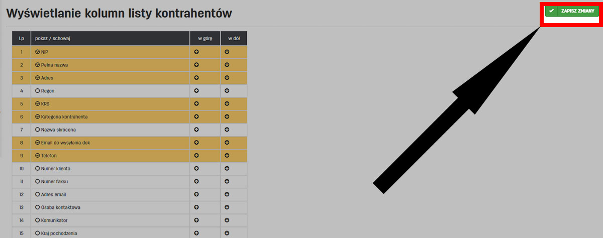 Ustawienia kolumn na liście kontrahentów Konfiguracja danych listy kontrahentów