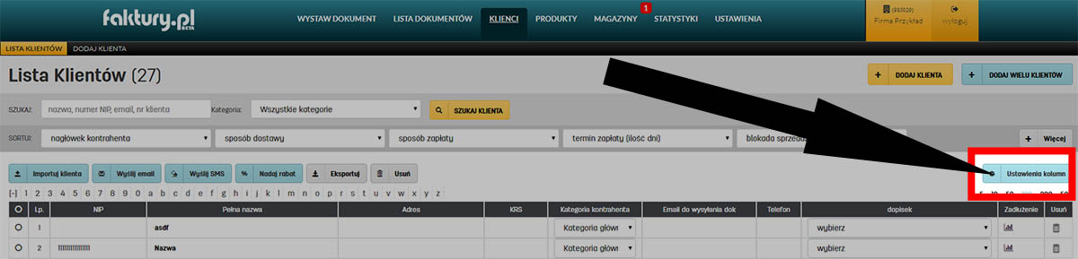 Zmiana ustawień kolumn w tabeli z listą klientów Jak spersonalizować wyświetlanie listy klientów na faktury.pl