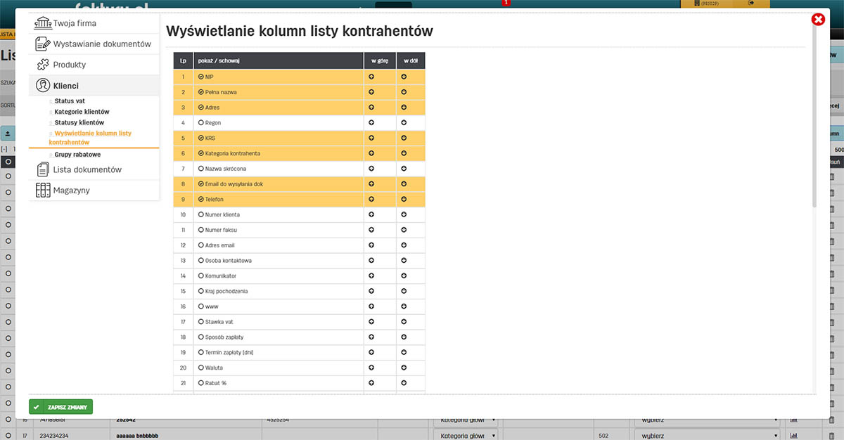 Konfiguracja widoku listy klientów w faktury.pl Kolejność wyświetlanych kolumn na liście klientów