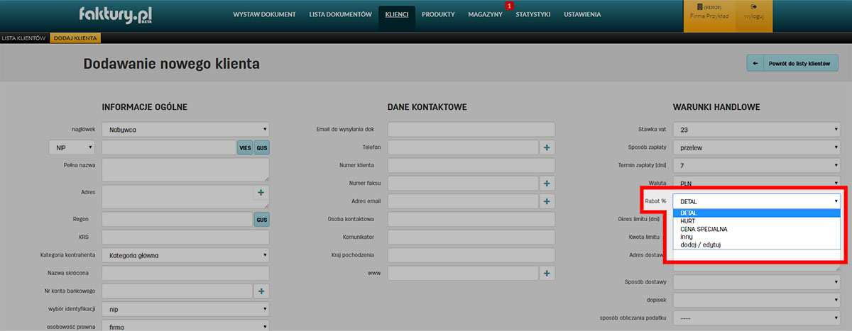 Rabaty dla kontrahent&oacute;w w serwisie faktury.pl