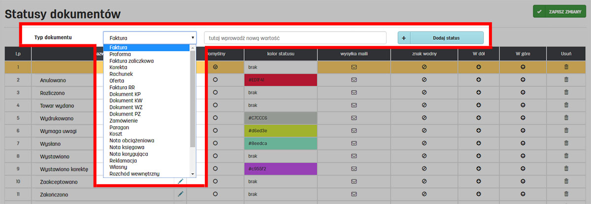 Dodanie własnego statusu do dokumentów