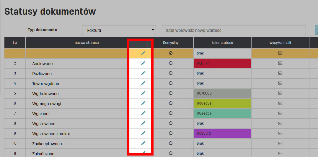 Edytowanie statusów dokumentów na faktury.pl