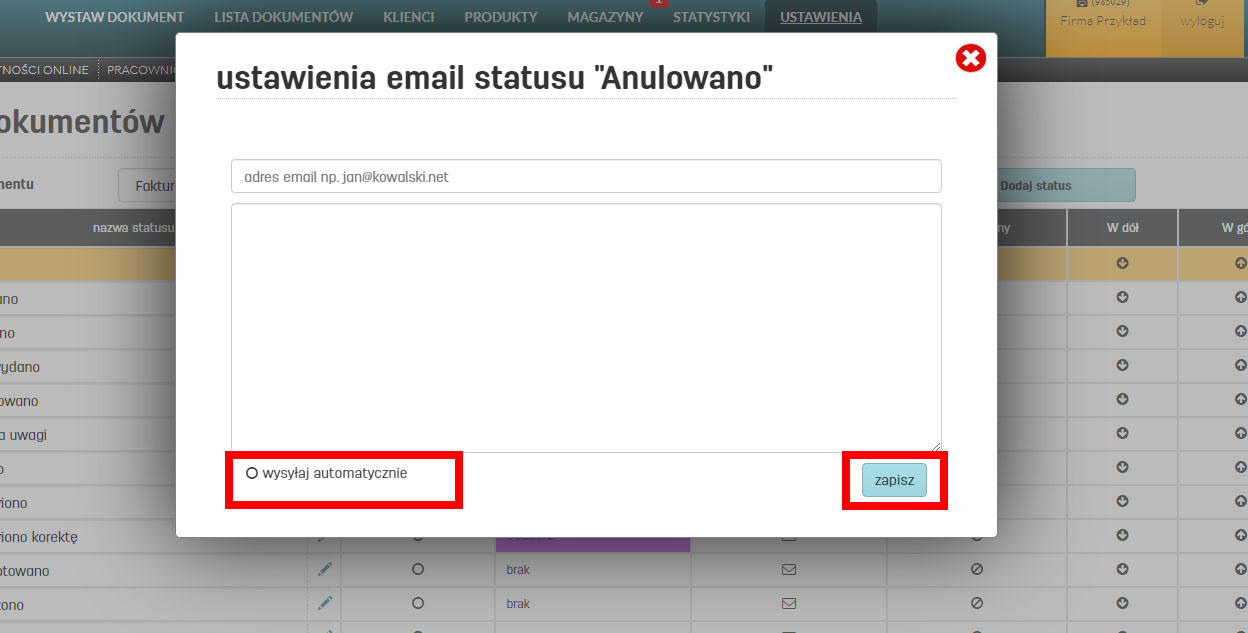 Wysyła email dla dokumentów o wybranym statusie