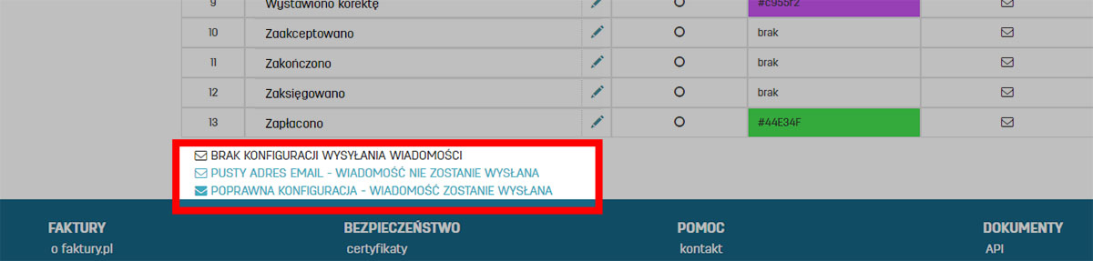 Ikony wysyłki email w statusach dokumentów