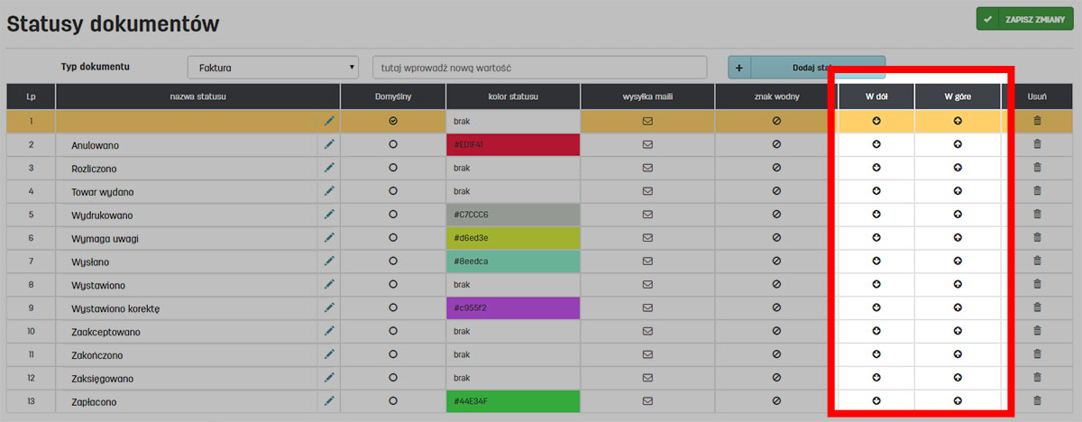 Ustawienia kolejności statusów dla dokumentów