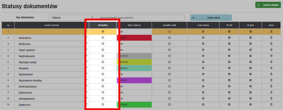 Domyślne statusy dla dokument&oacute;w w serwisie faktury.pl