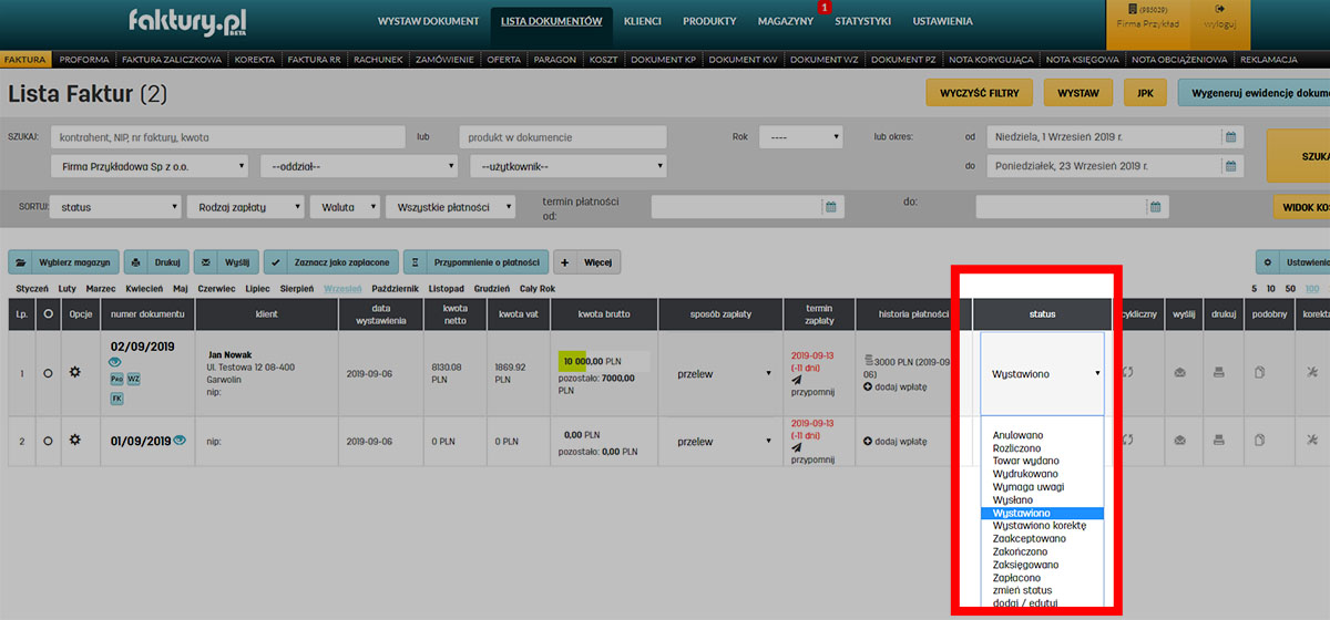 Statusy dokumentów dostępne dla użytkowników w serwisie faktury.pl