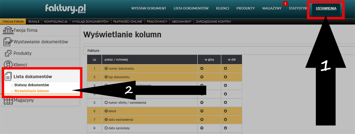 Jak ustawić widok listy dokumentów w programie do fakturowania faktury.pl Ustawienia listy dokumentów w serwisie faktury.pl