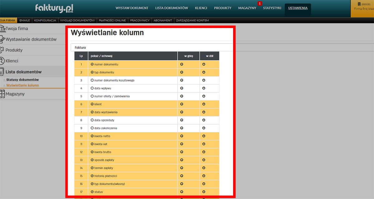 Ustawienia kolumn na liście faktur Wyświetlanie danych na liście faktur