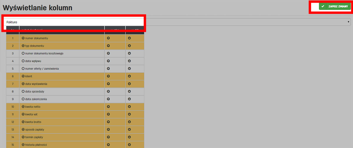 Ustawienia kolejności kolumn na liście faktur Kolejność kolumn listy dokumentów