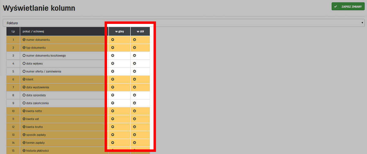 Jak zmienić kolejność kolumn na liście faktur Konfiguracja danych na liście dokumentów