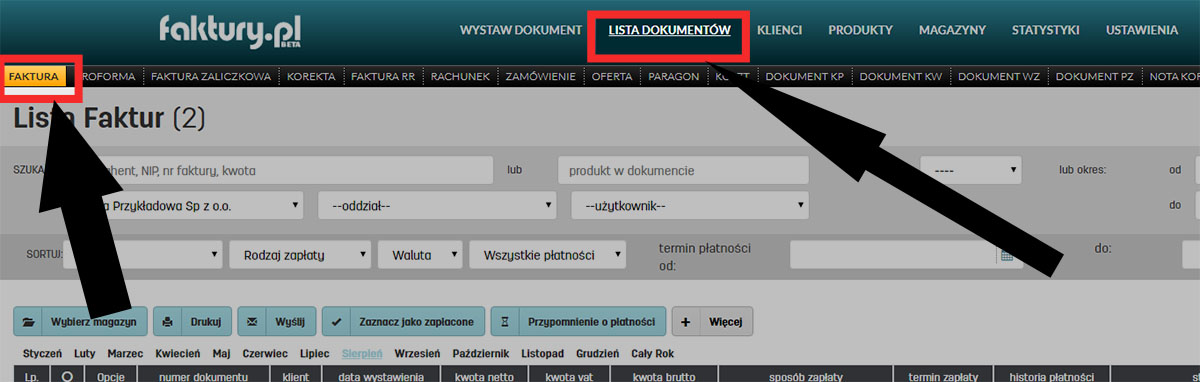 Ustawienia listy faktur w programie faktury.pl