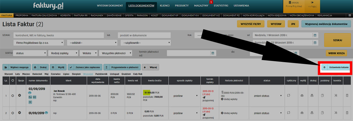 Konfiguracja listy faktur Ustawienia kolumn listy dokumentów na faktury.pl
