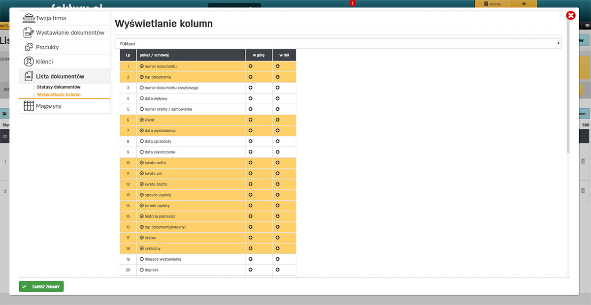 Personalizowanie widoku listy faktur na faktury.pl