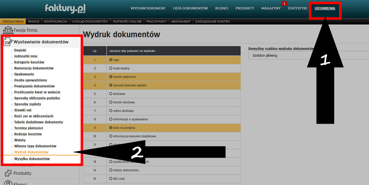 Ustawienie szablonu wydruku PDF w serwisie faktury.pl Ustawienie domyślnego szablonu PDF na faktury.pl