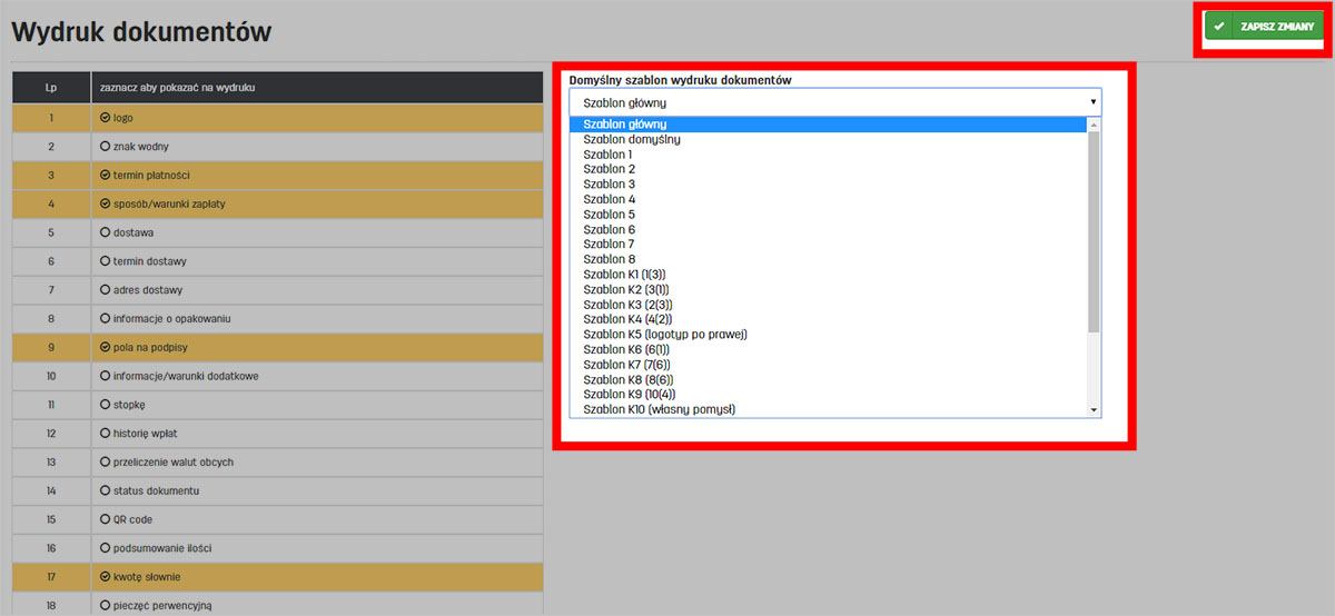 Dostępne szablony wydruku PDF Wybór szablonu PDF