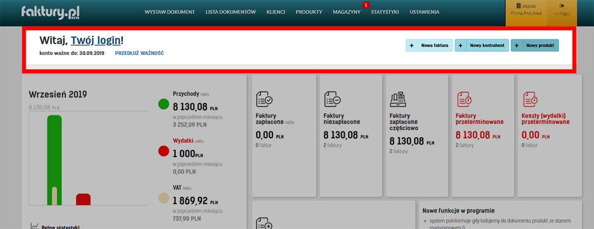 Strona główna serwisu faktury.pl po zalogowaniu