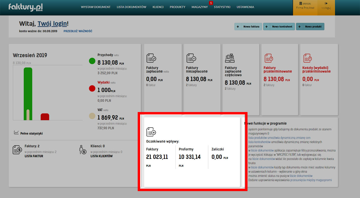 Podsumowanie oczekiwanych wpływów z faktur w programie faktury.pl