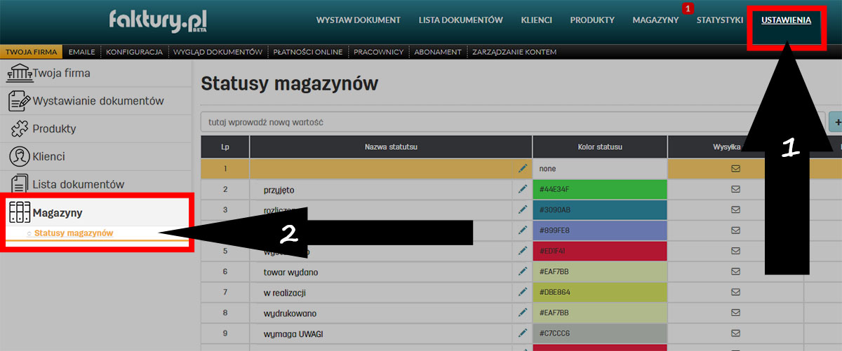 Statusy dla magazynów w programie do fakturowania faktury.pl