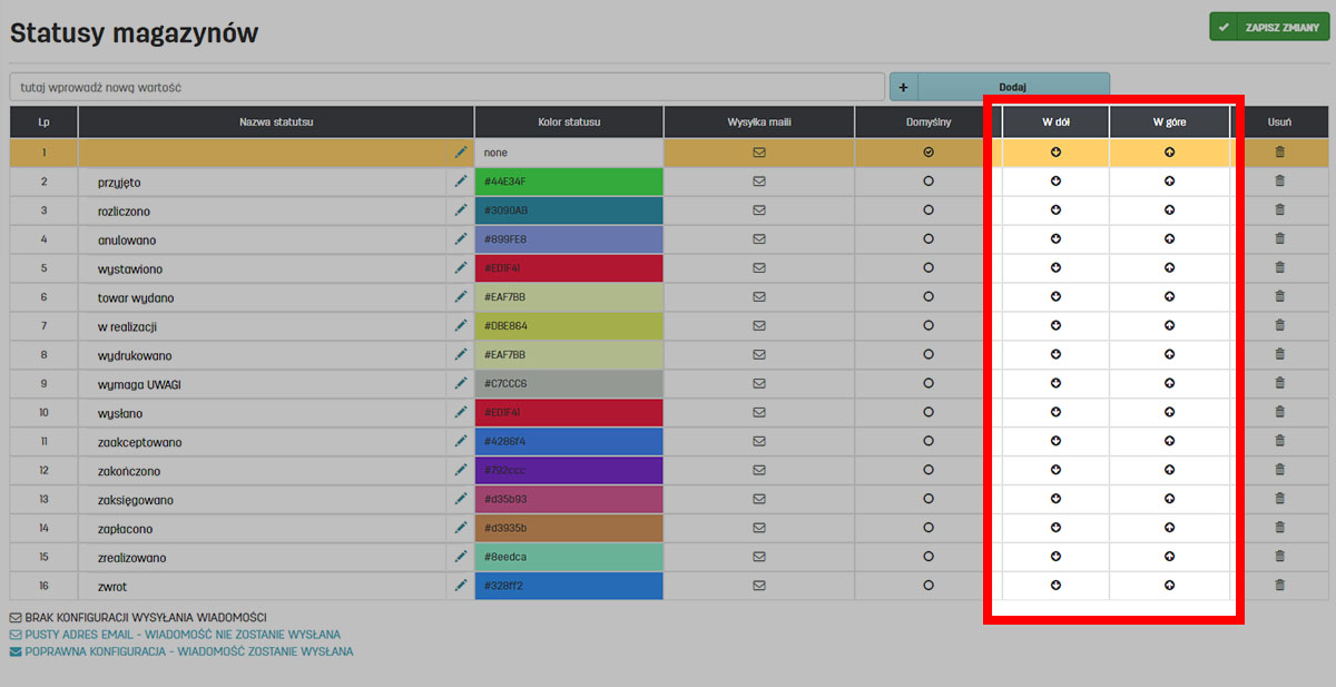 Kolejność statusów dla magazynów w tabeli