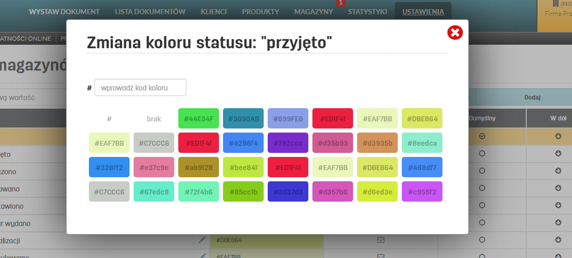 Ustawienie koloru dla statusu magazynu
