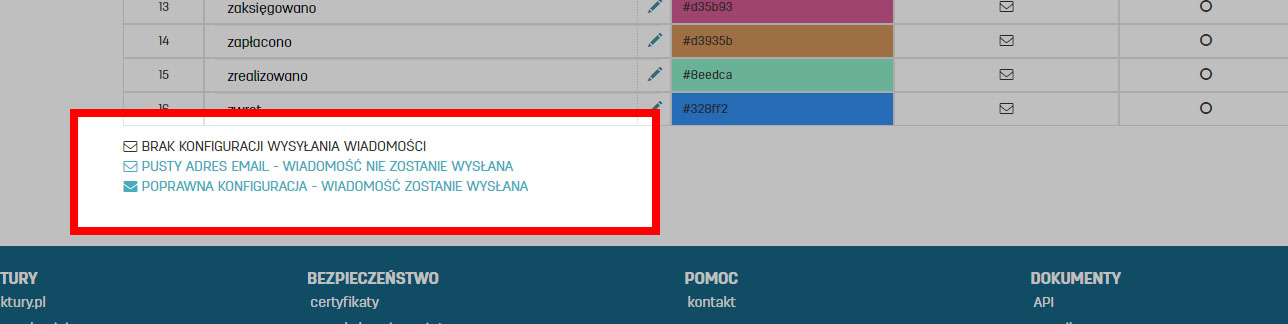 Legenda dotycząca wysyłki email - statusy magazynów