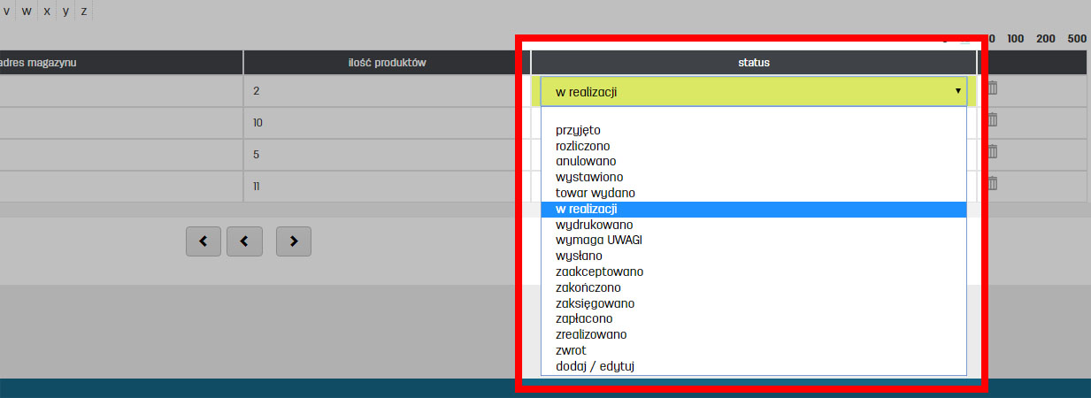 Zmiana statusu magazynu na liście magazynów