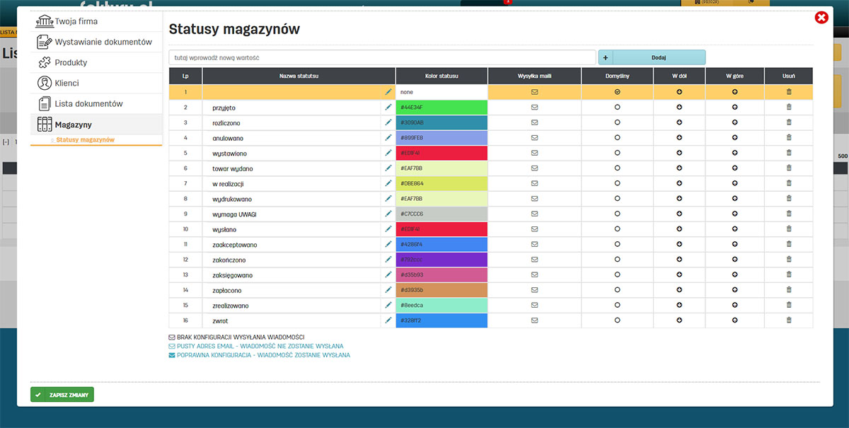 Ustawienia status&oacute;w magazyn&oacute;w na faktury.pl