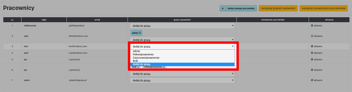 Wybór grupy uprawnień dla pracownika