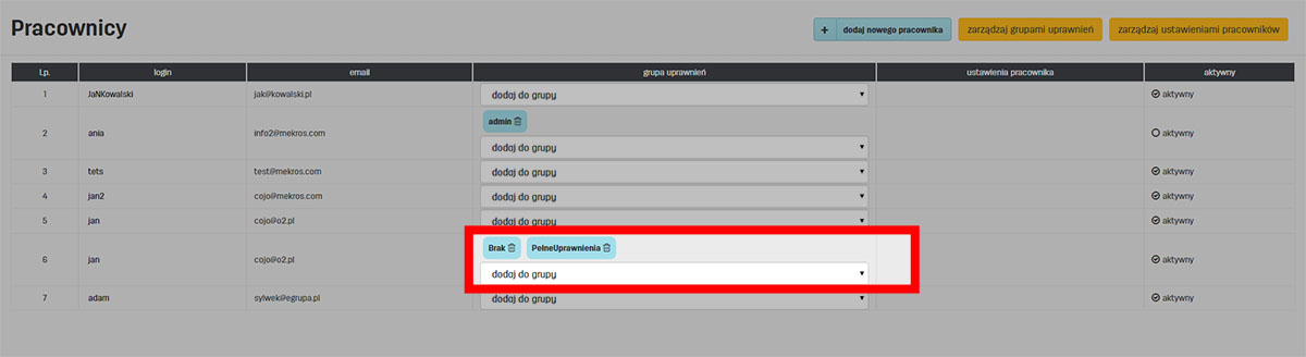 Lista kont pracowników