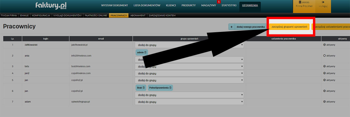 Grupy uprawnień dla pracowników w programie faktury.pl
